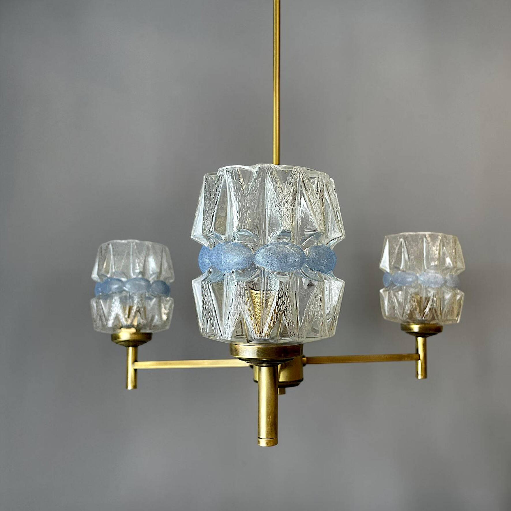 Mid Century Modern 3-light wood and glass chandelier