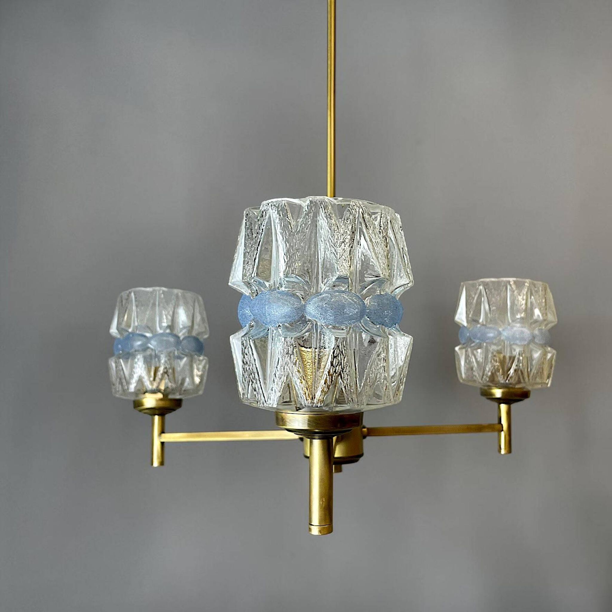 Mid Century Modern 3-light wood and glass chandelier