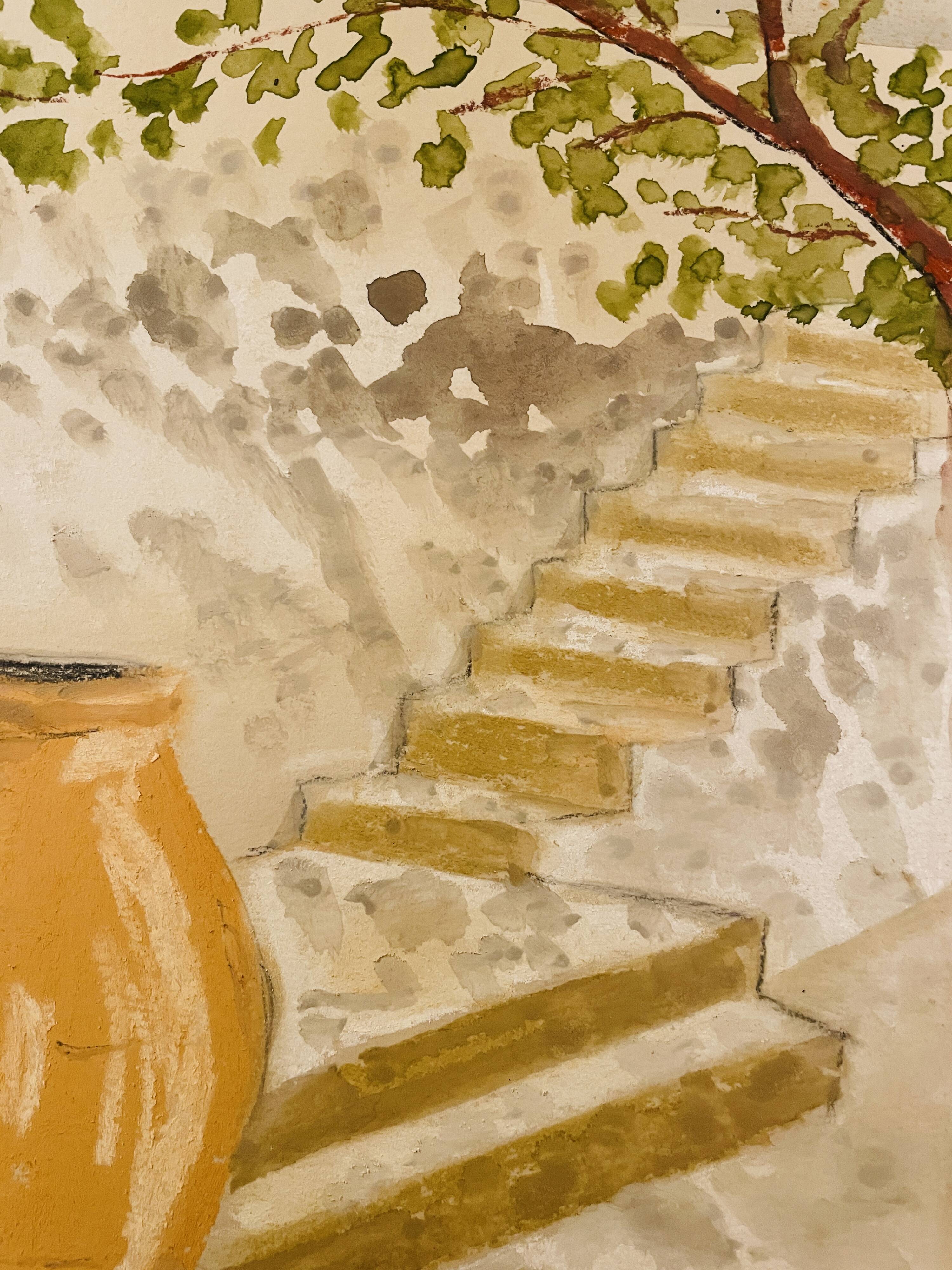 Signed pastel and watercolor painting of a Provençal landscape "the staircase"