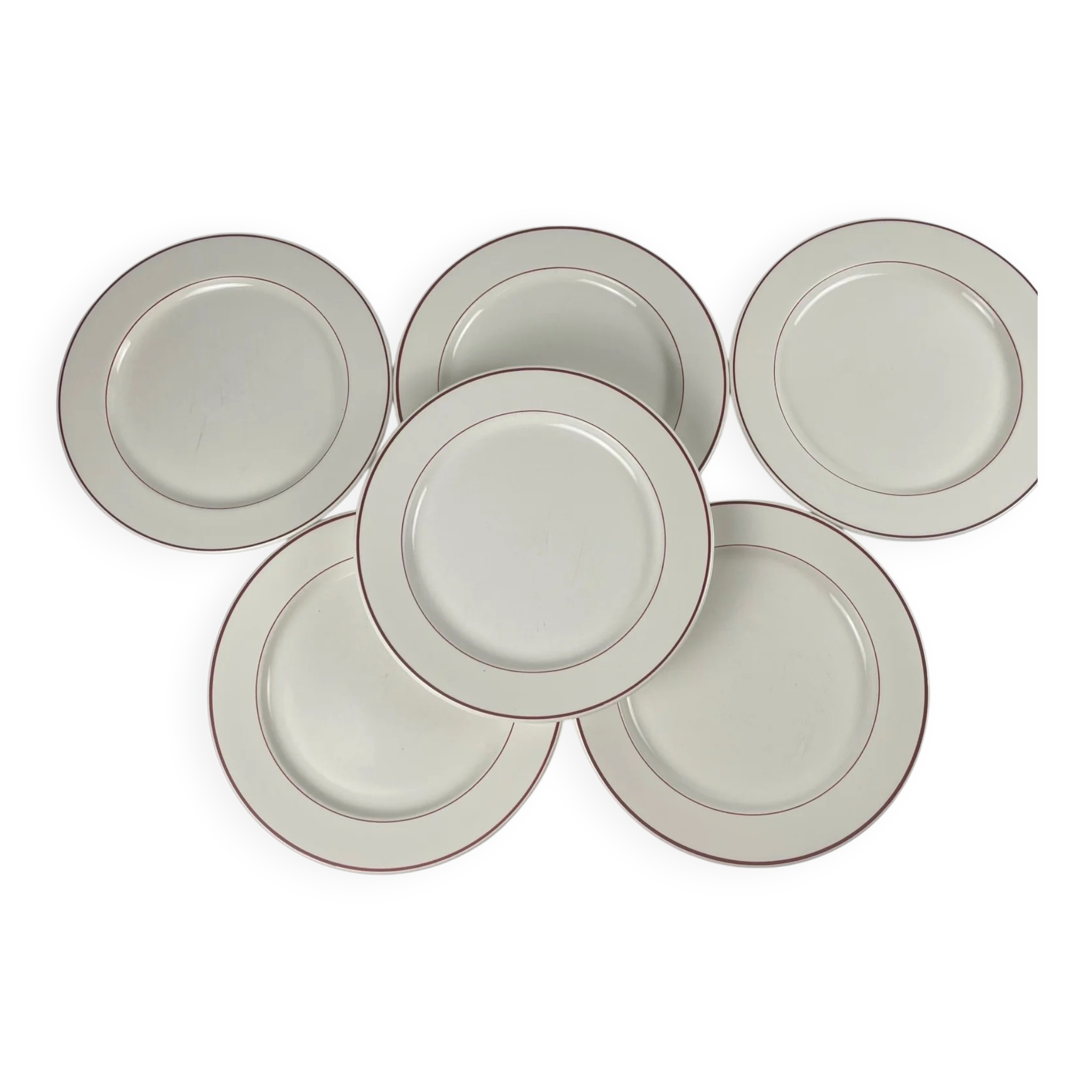 Set of 6 flat plates Villeroy & Boch, burgundy/purple rim, 20th century.