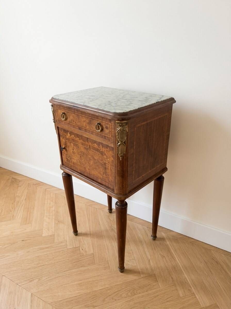 Napoleon III style bedside table in walnut burl and marble