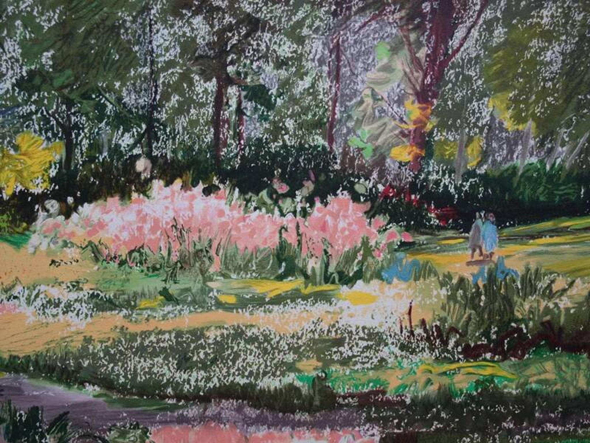 Yvonne Cheffer Delouis: Pink irises by the lake, original signed lithograph.
