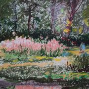 Yvonne Cheffer Delouis: Pink irises by the lake, original signed lithograph.