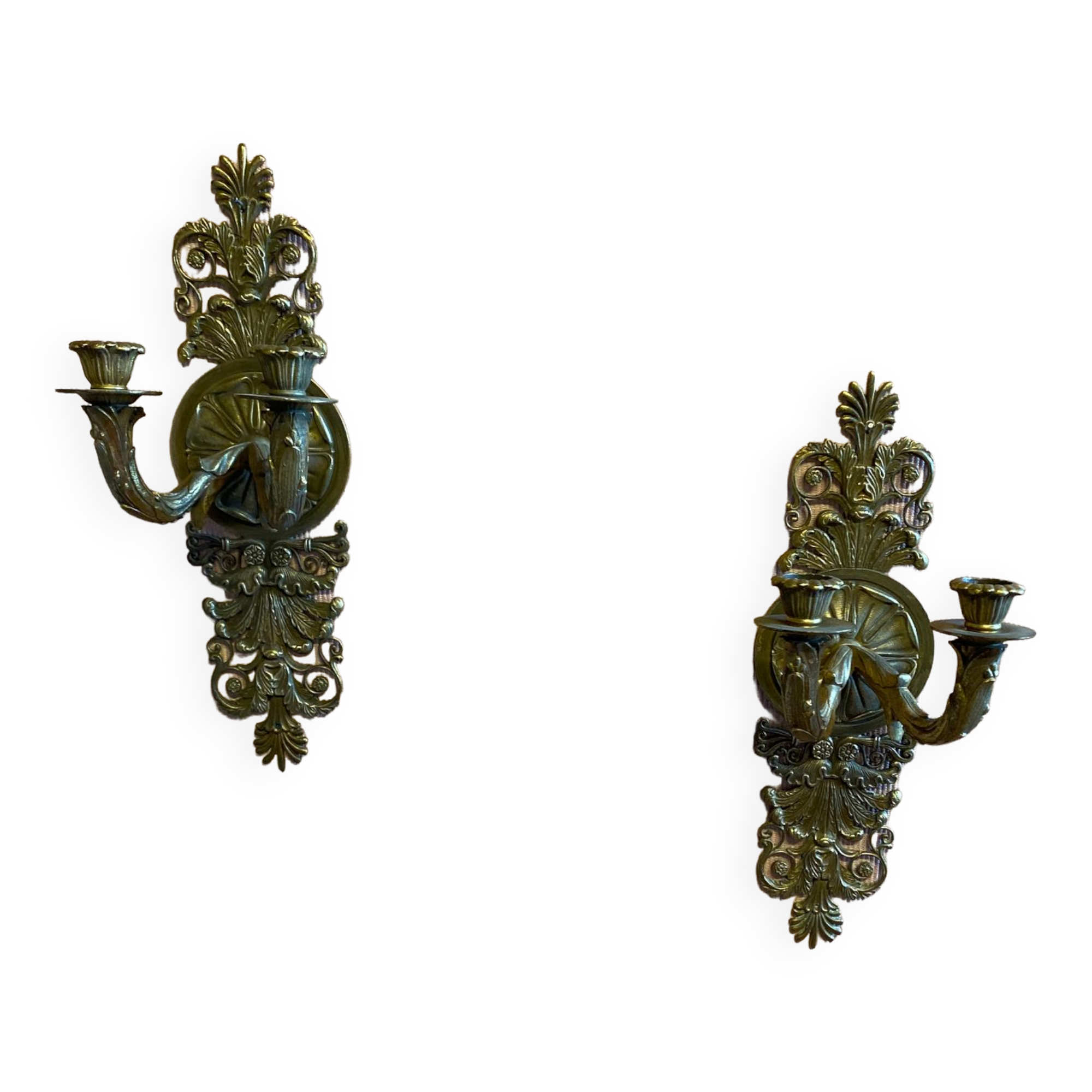 Pair of gilded bronze sconces, 2 burners, Restoration style.