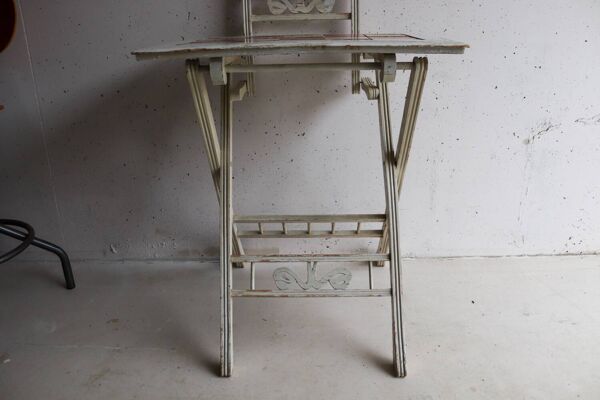 Petite coiffeuse pliante ancienne en bois, carreaux et miroir au mercu