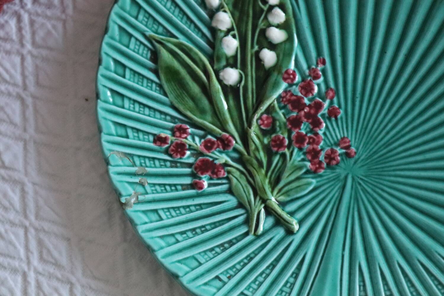 SMF Schramberg Majolica Fruit Dish Lily of the Valley and Forget-Me-Nots