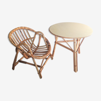 Rattan and bamboo shell table and chair set