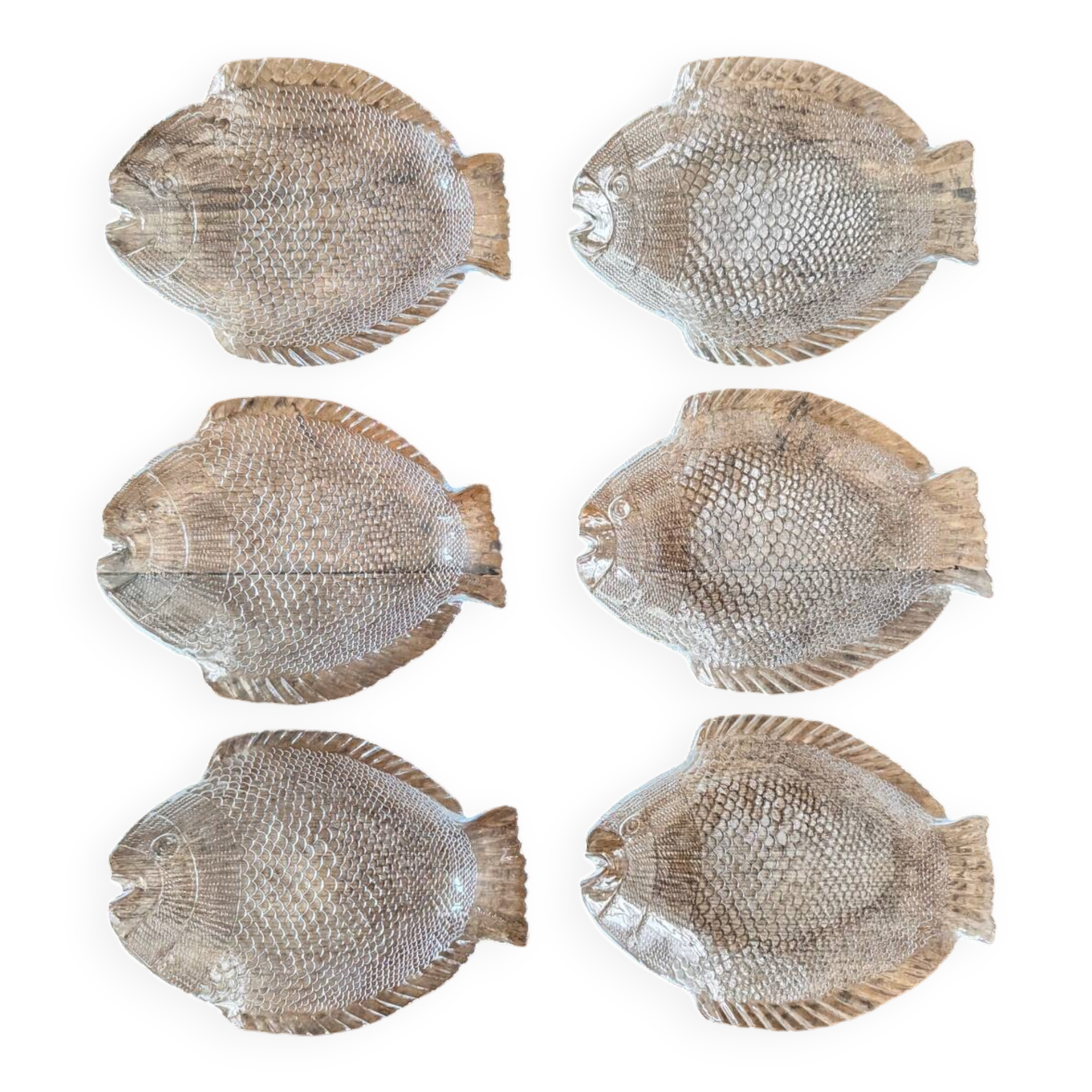 6 vintage Pasabahce clear glass fish plates