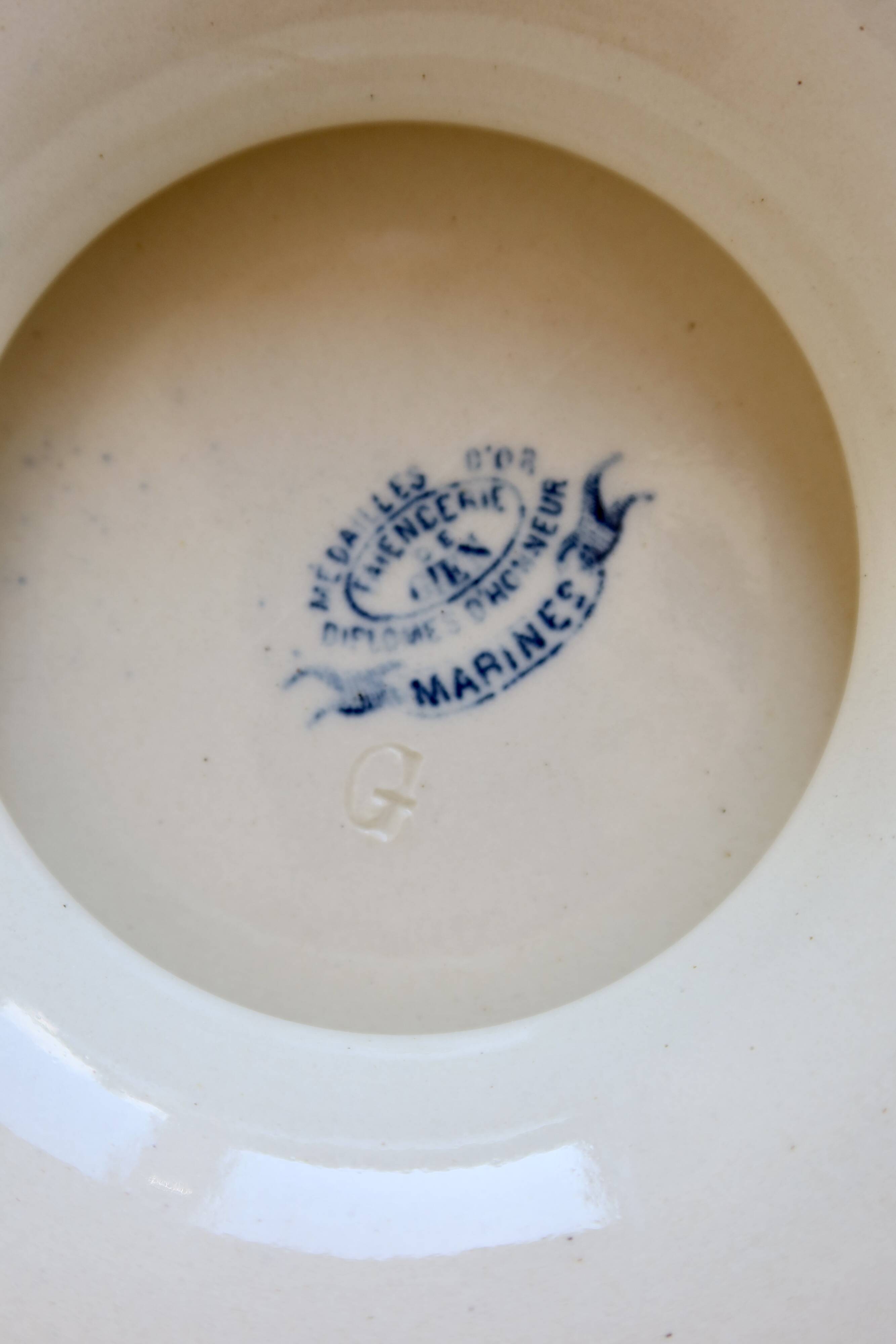 Antique Gien compote dish model Marines - 19th century - Blue marine landscape decoration