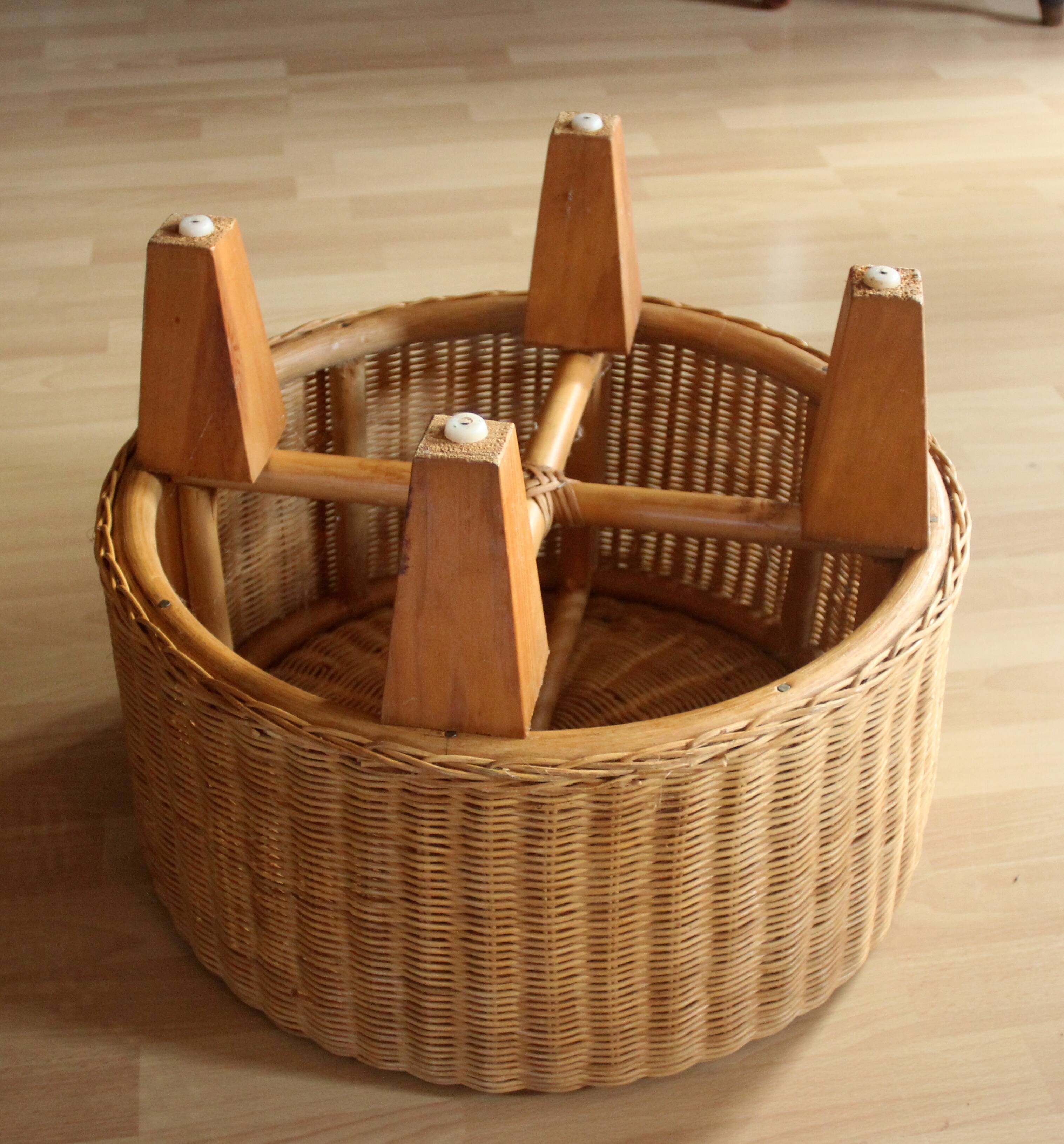 Table d'appoint ronde en rotin, bambou et bois - Vintage