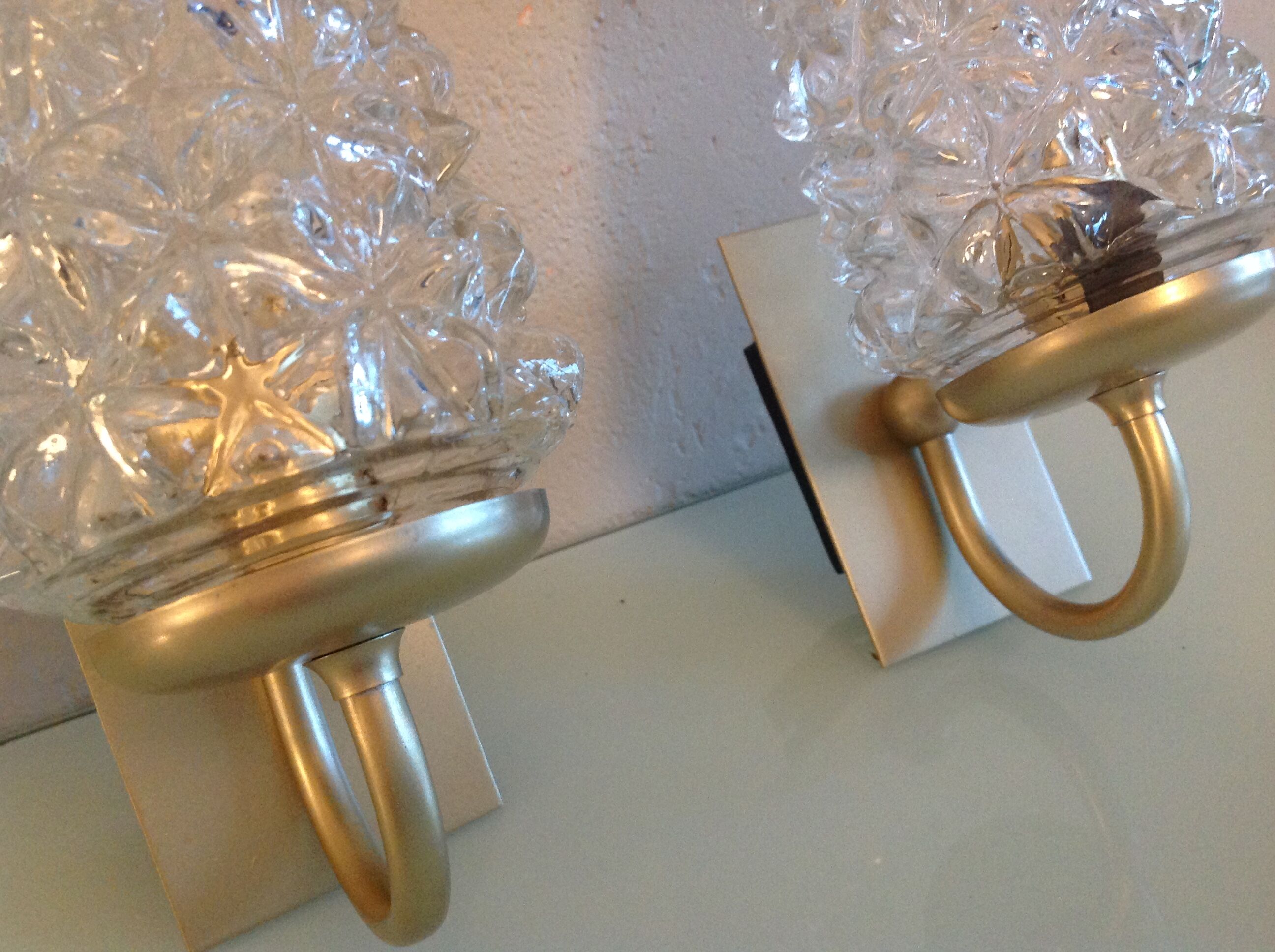 Pair of tulip glass and gold/vintage metal wall lamps 60/70