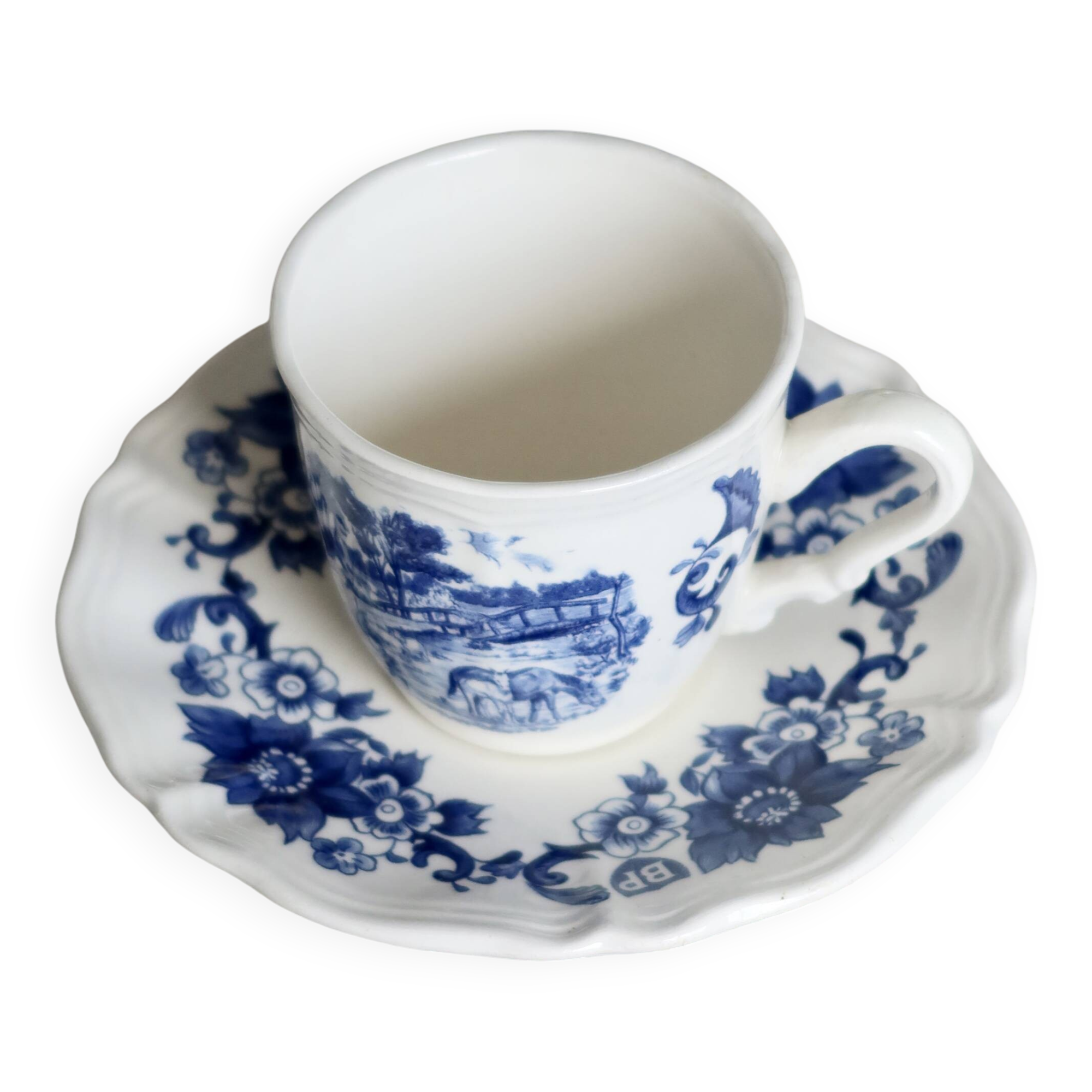 Vintage Sarreguemines cup & saucer – White earthenware with blue floral decoration