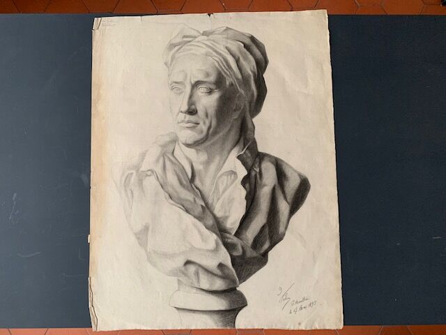 Pencil drawing, bust, signed, nineteenth
