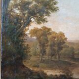 Antique painting on canvas depicting a bucolic landscape