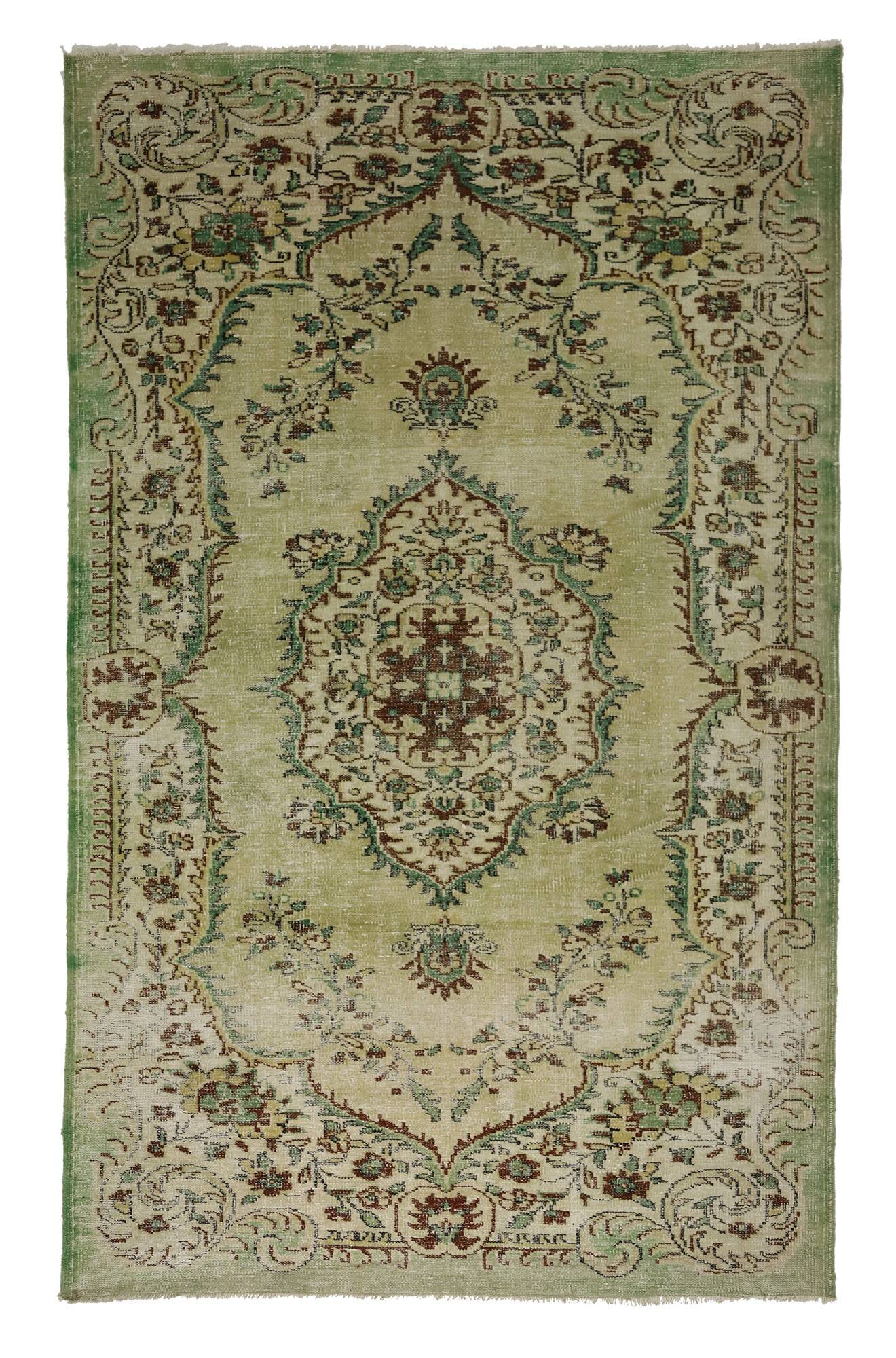 Tapis Oushak Ancien – Vert Sauge & Motifs Floraux, 179 x 281 cm