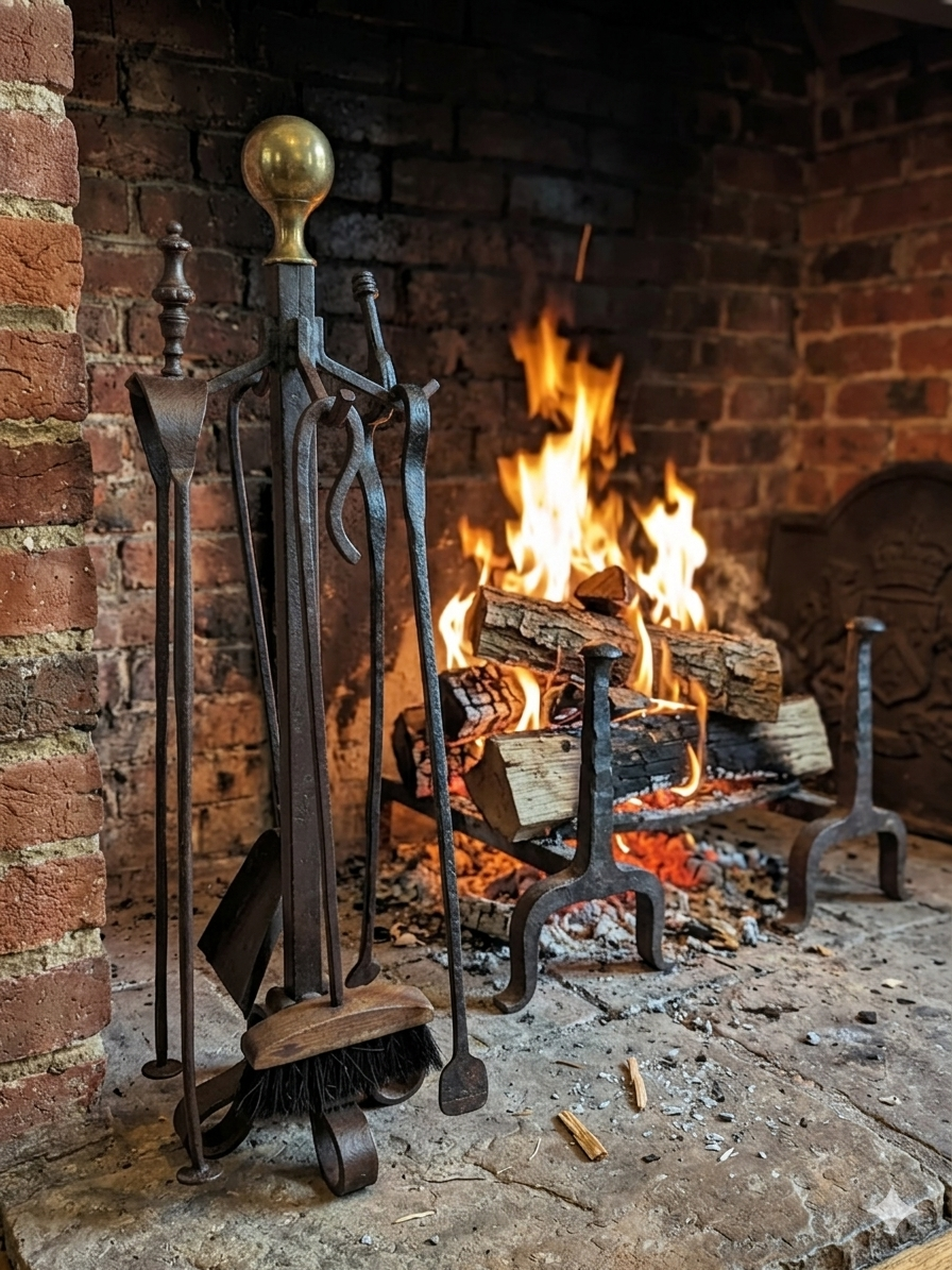 Antique fireplace set in solid wrought iron and brass.