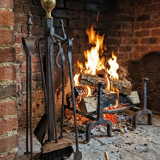 Antique fireplace set in solid wrought iron and brass.