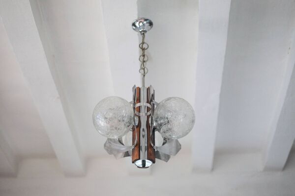 Suspension space age métal et bois, lustre 3 globes, lustre sputnik, lampe