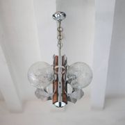 Space Age metal and wood pendant light, 3-globe chandelier, Sputnik chandelier, lamp