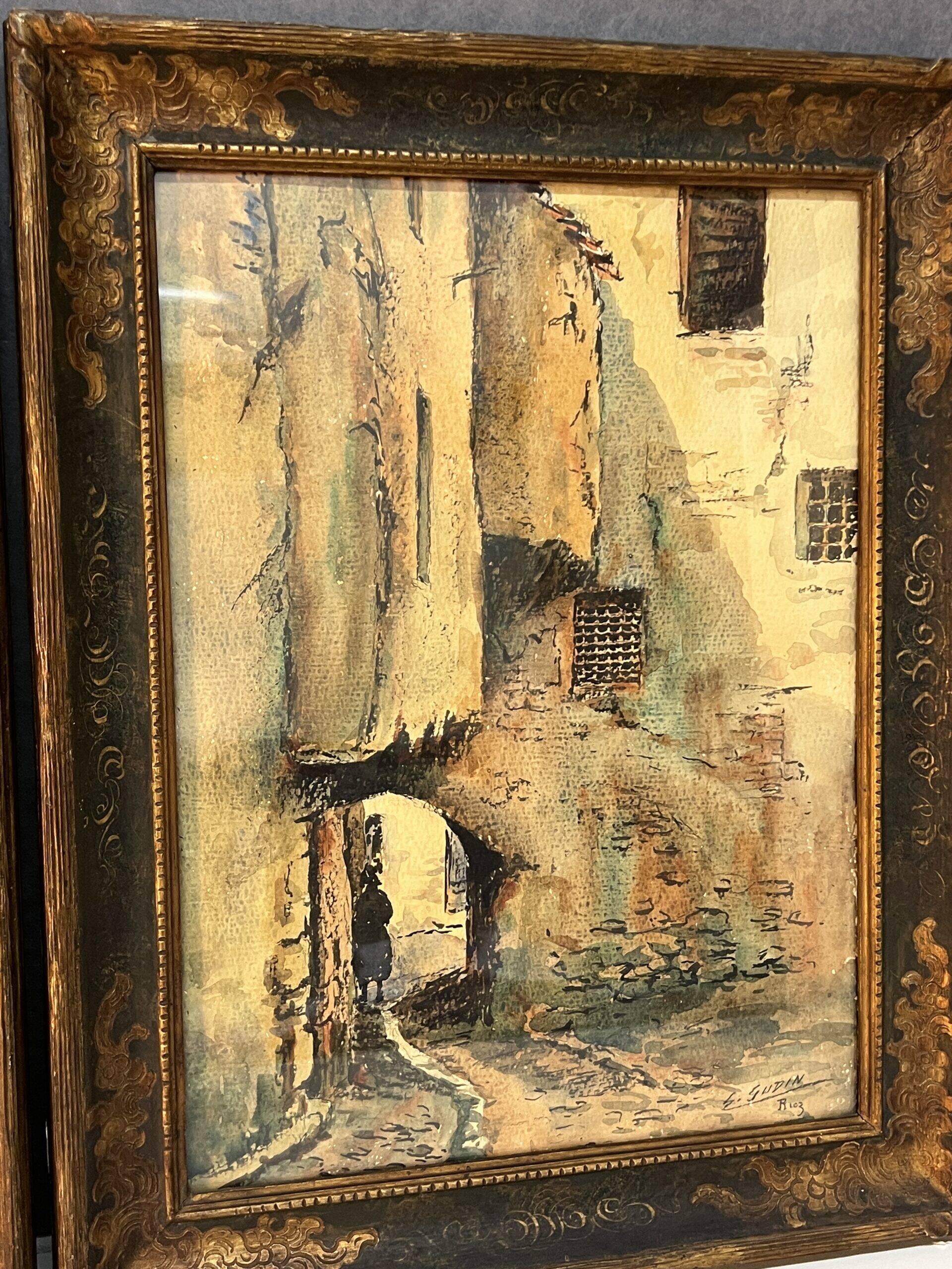 Watercolor by Emile Gudin (1874-1957), rue de Riez, southern town