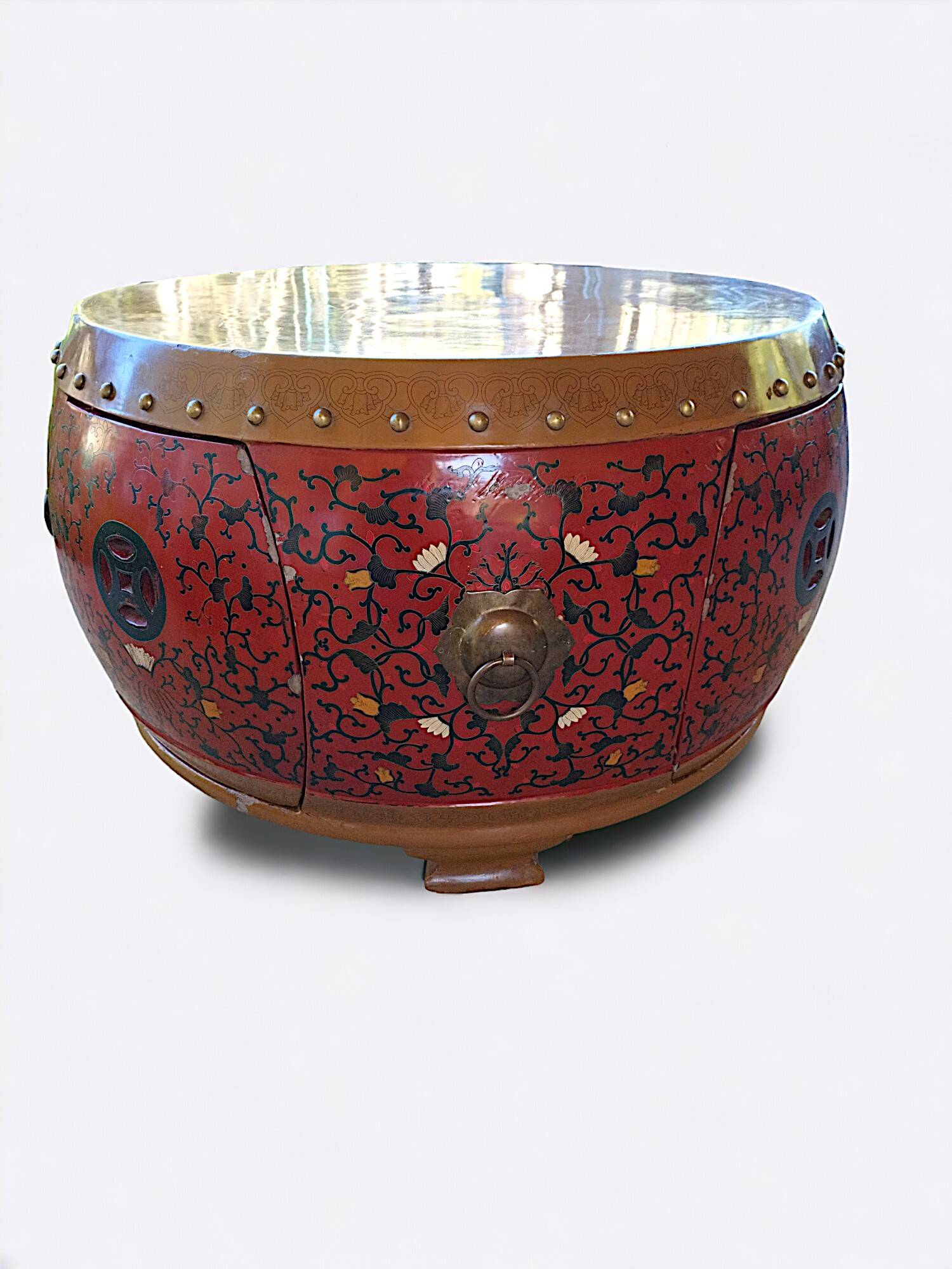 Drum coffee table and its 4 nesting stools in Chinese lacquered wood - Jin