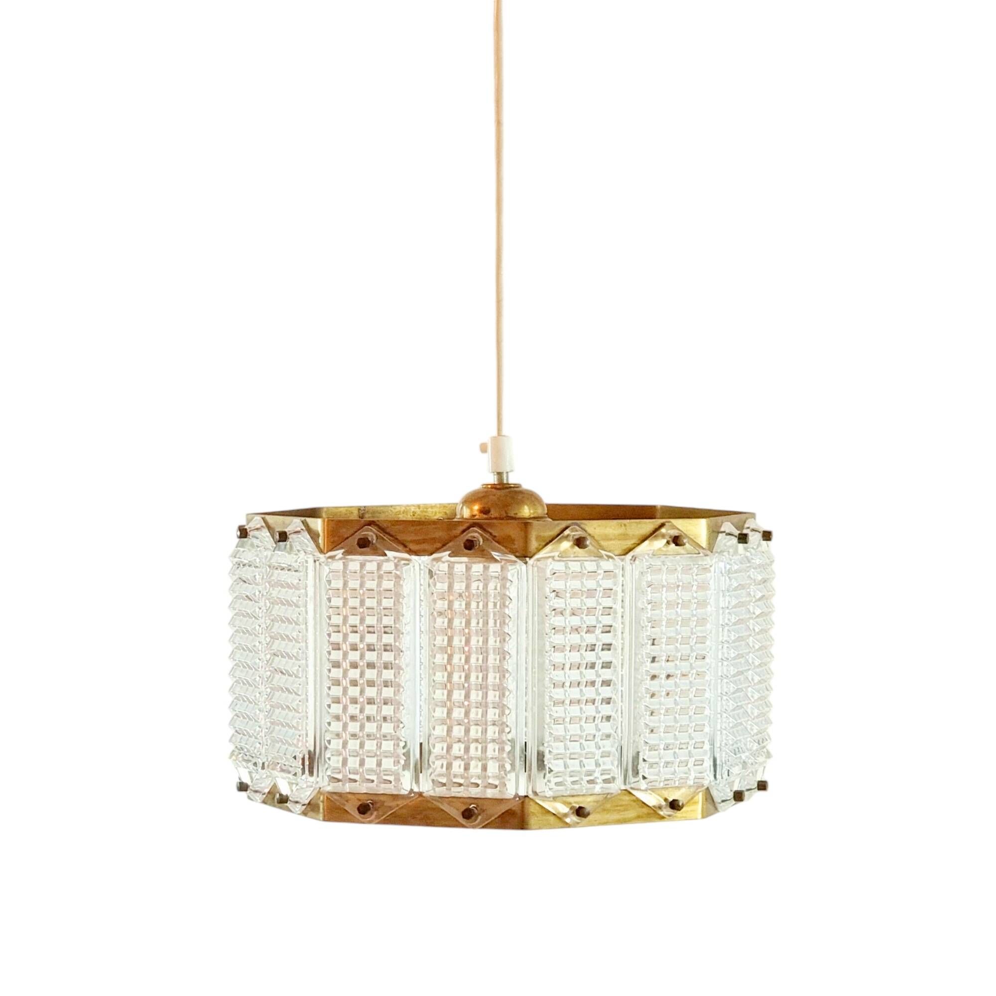 Mid-Century Scandinavian Glass & Brass Ceiling Light by Wiktor Berndt for Flygsfors, Sweden, 1960s