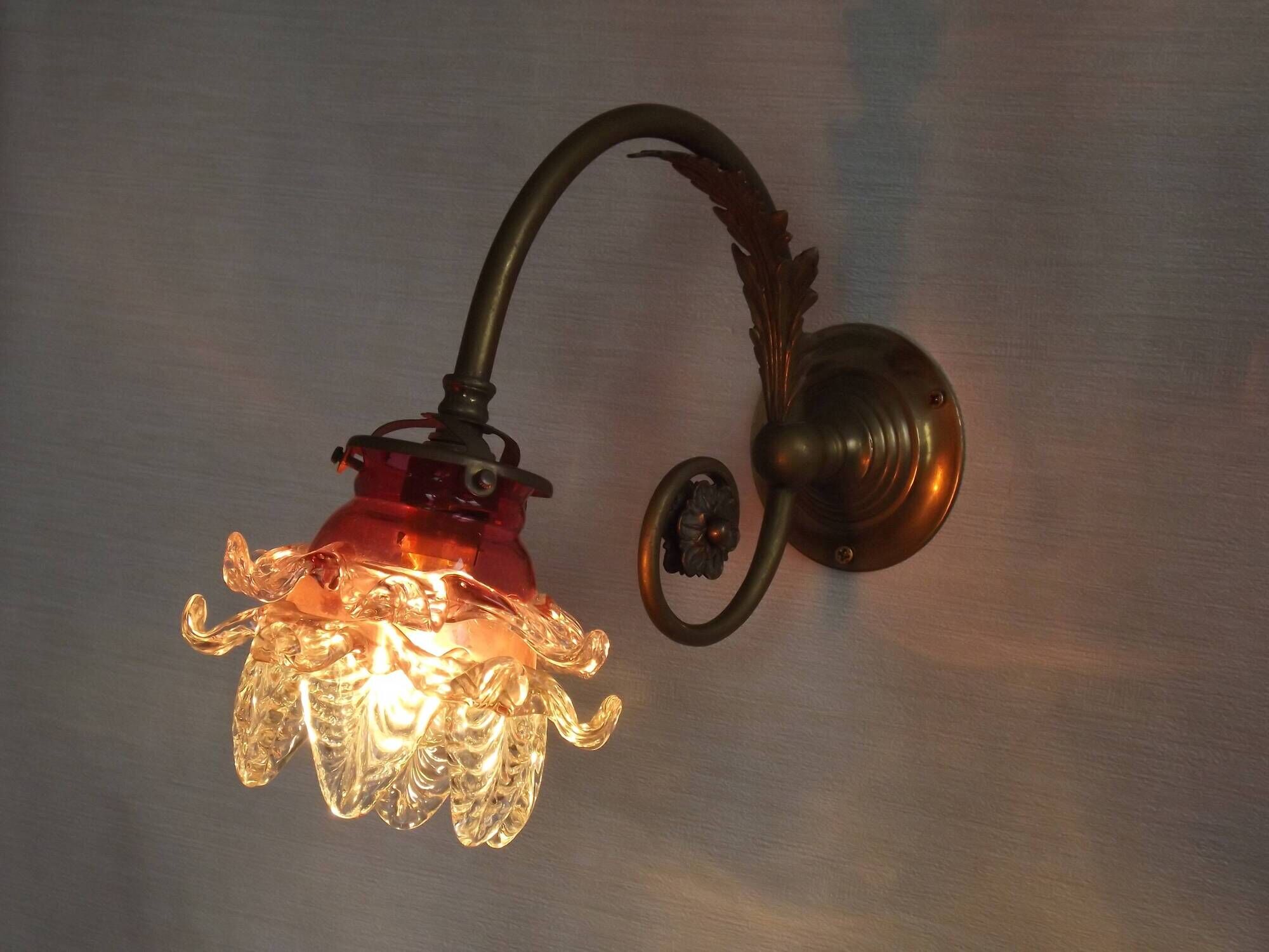 French Brass Single Wall Light with Pink & Clear Floral Glass Shade