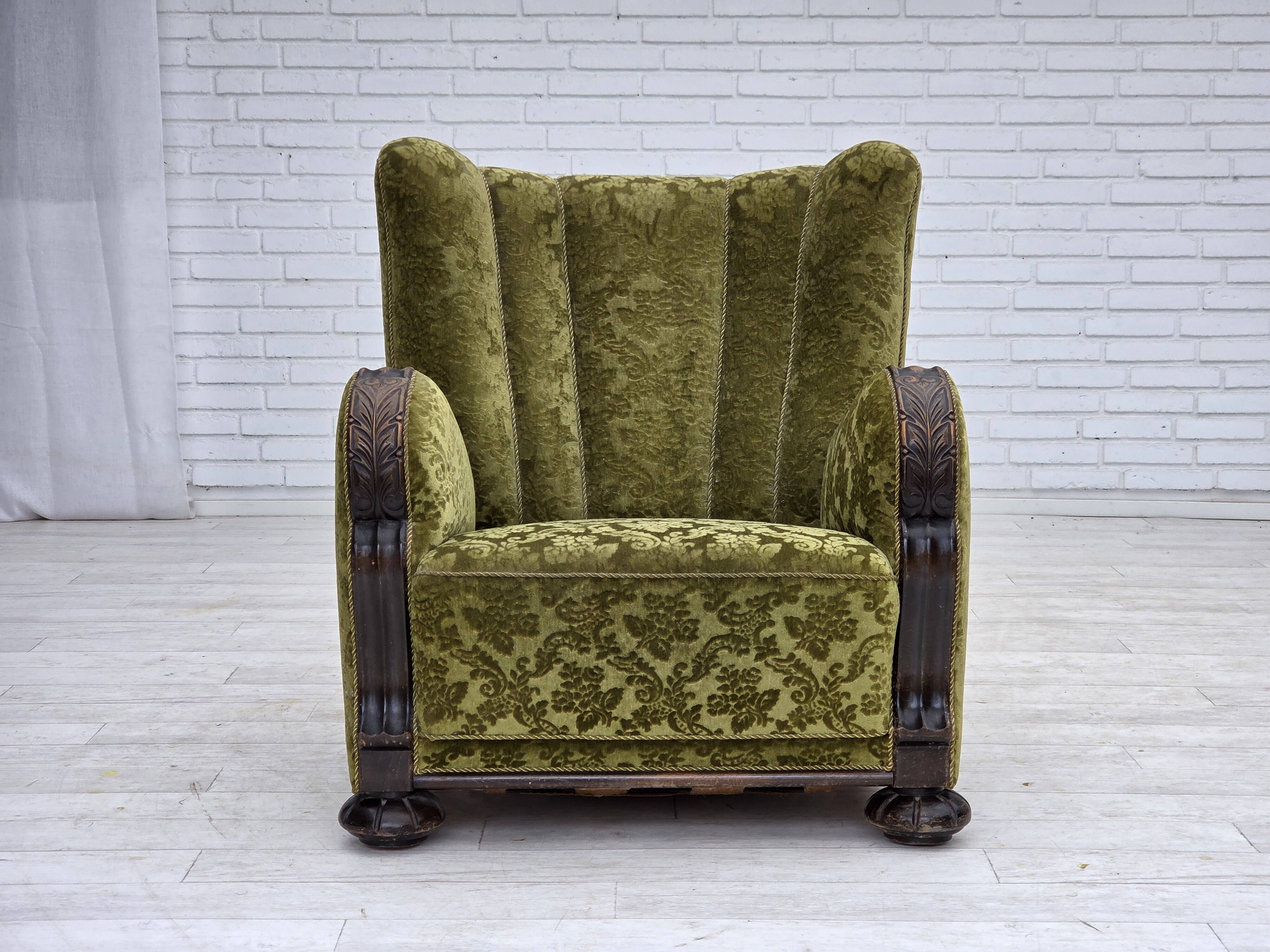 1950s, Danish relax chair. Furniture velour, oak wood,