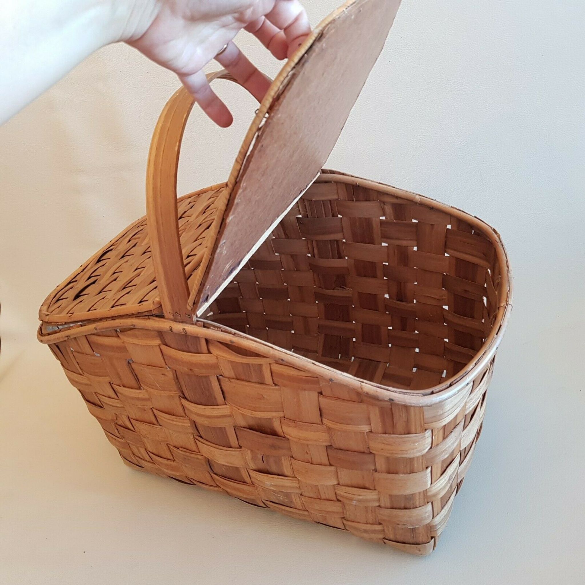 Old picnic basket wicker bamboo braided double opening