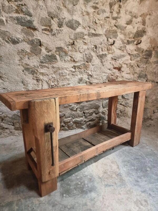 Établi rustique ancien, établi de menuisier, console, meuble vasque, vers 1900