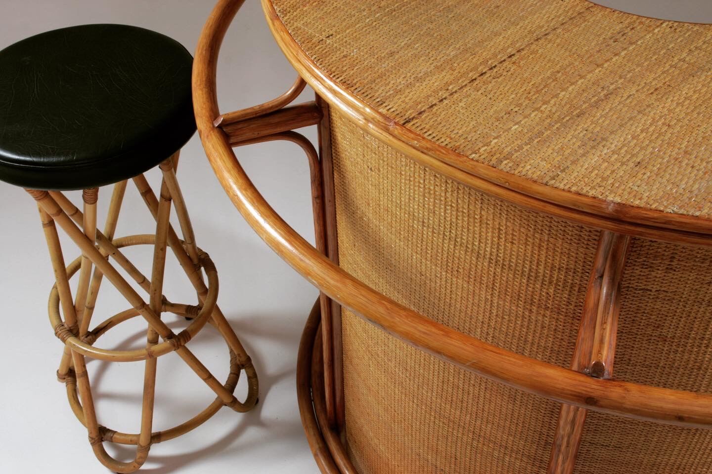Rattan bar and stools, France 1960s, set of 3