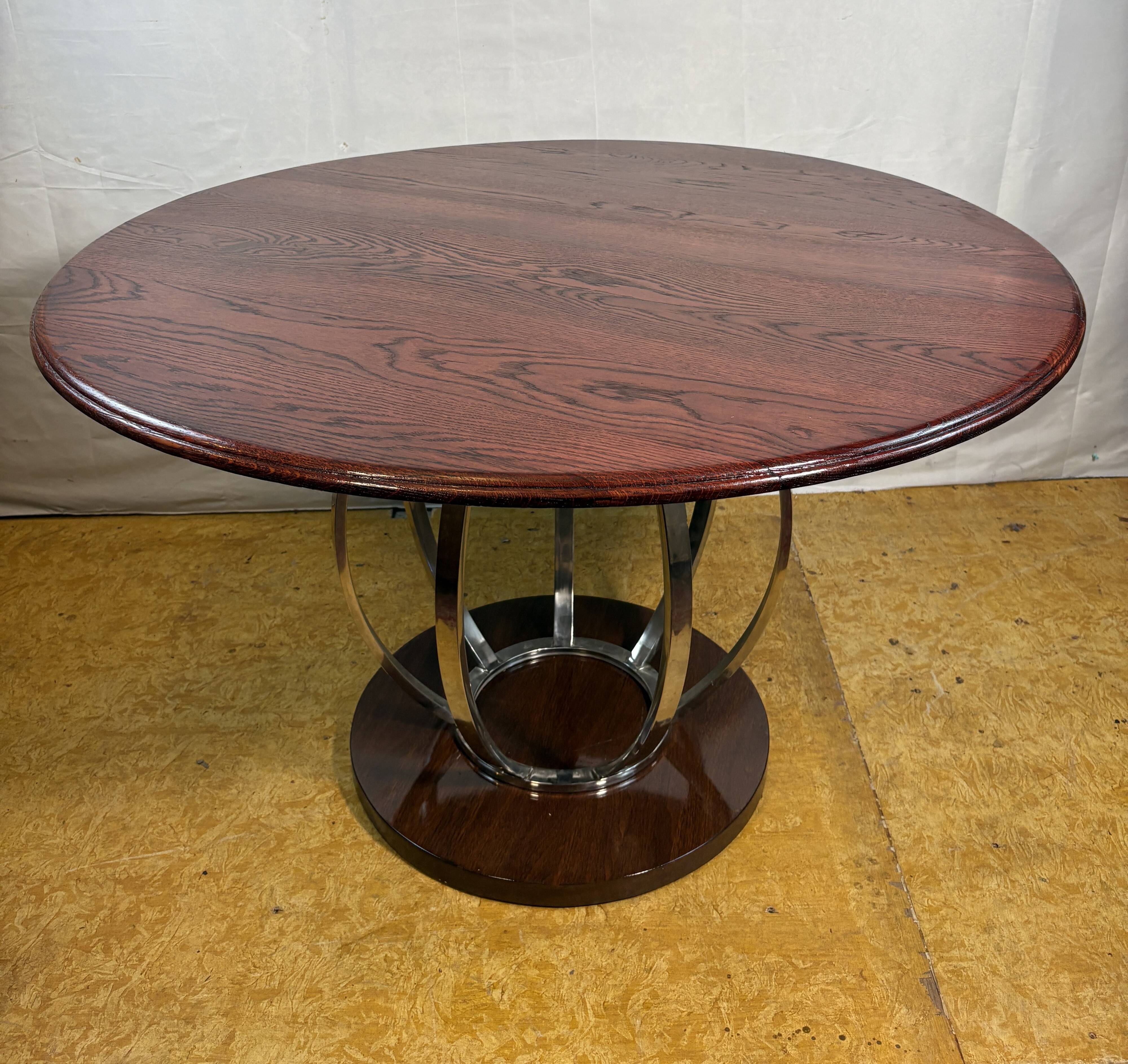 Vintage Art Deco Style Round Dining Table – Oak Top & Chrome Base – Designe