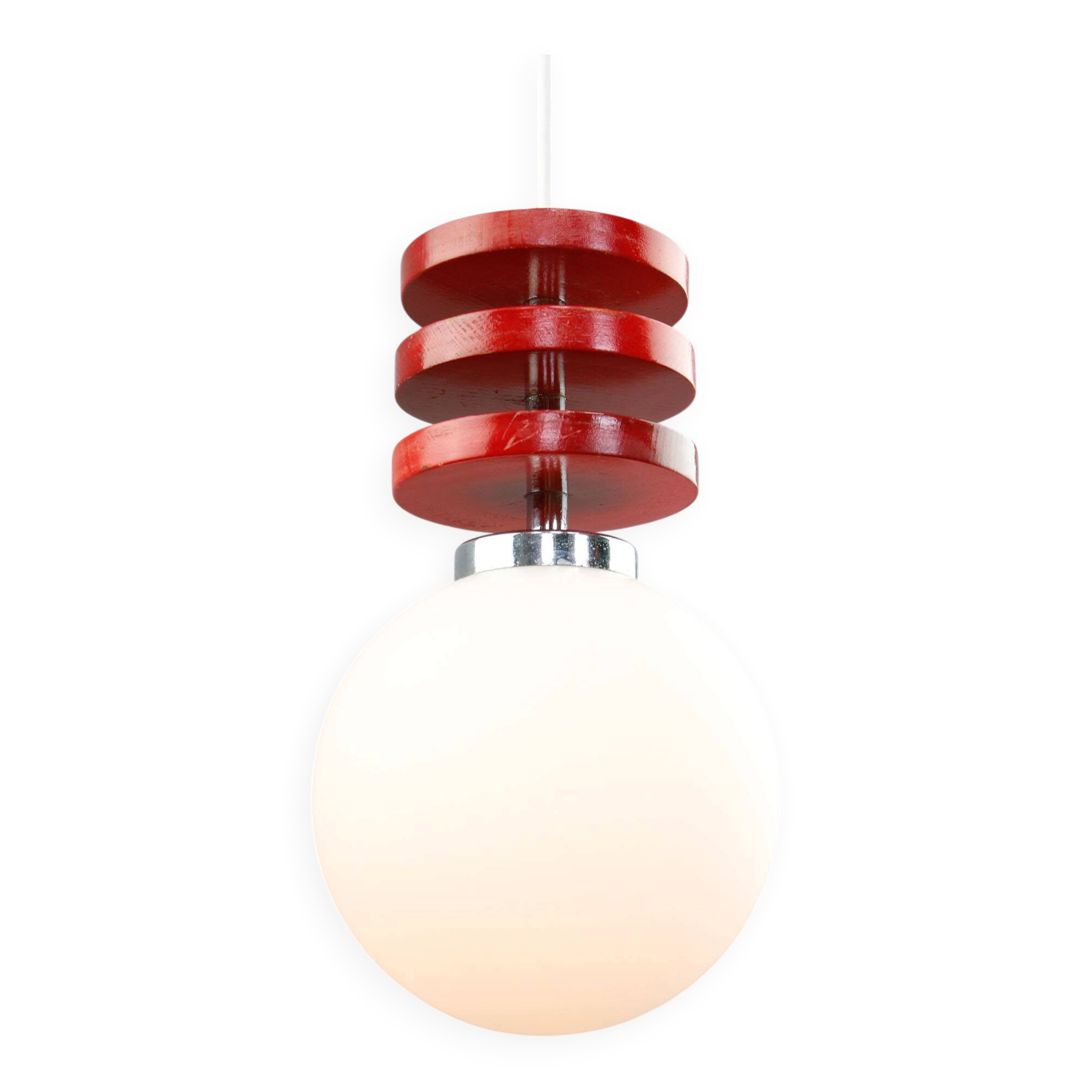Vintage Italian Red Disc Pendant Lamp In Chrome and Wood, 1970s