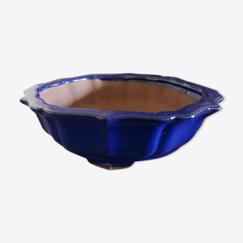 Cache pot, soucoupe tripode en terre cuite émaillée bleue, milieu xxe