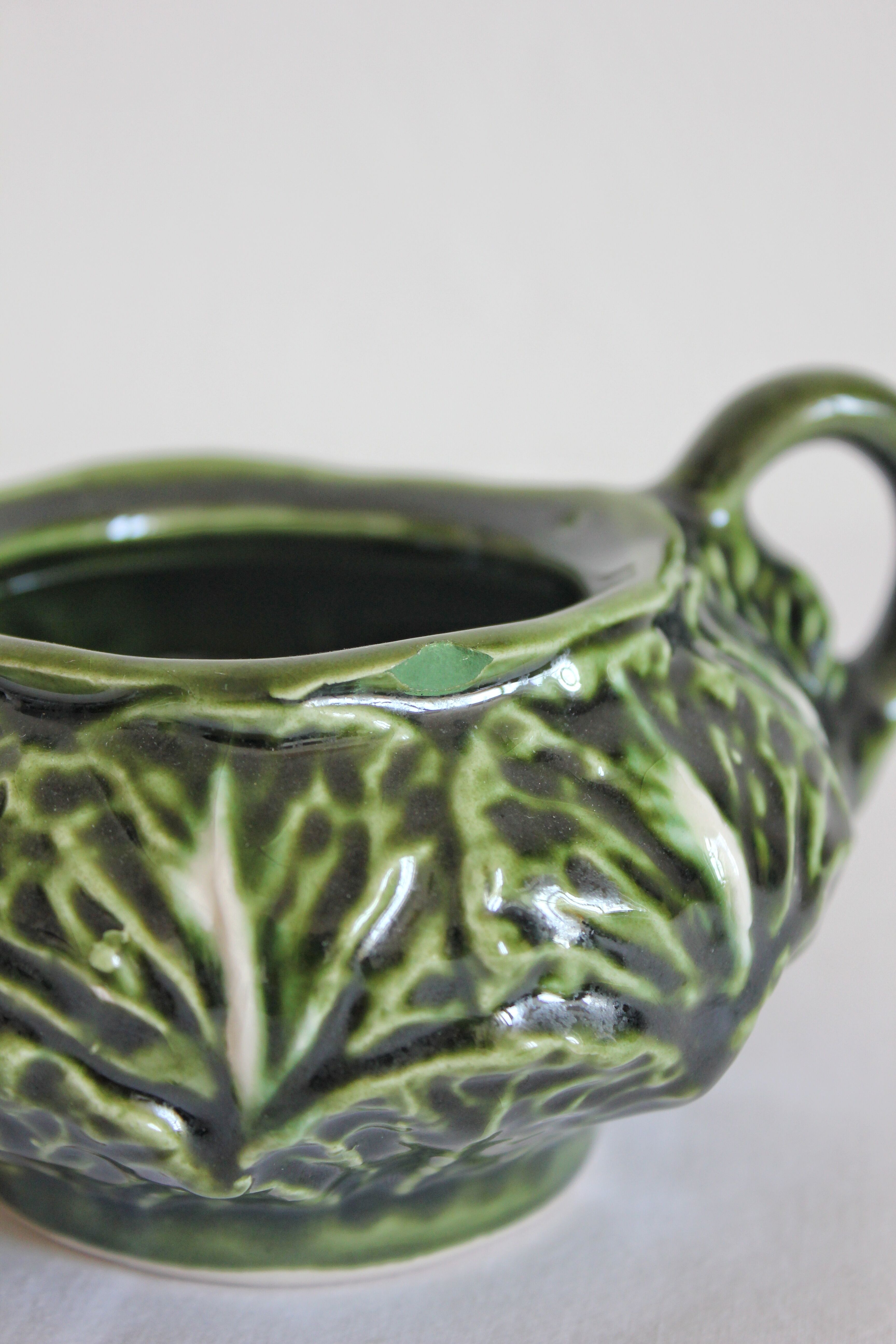 Vintage slipware cabbage-shaped sugar bowl