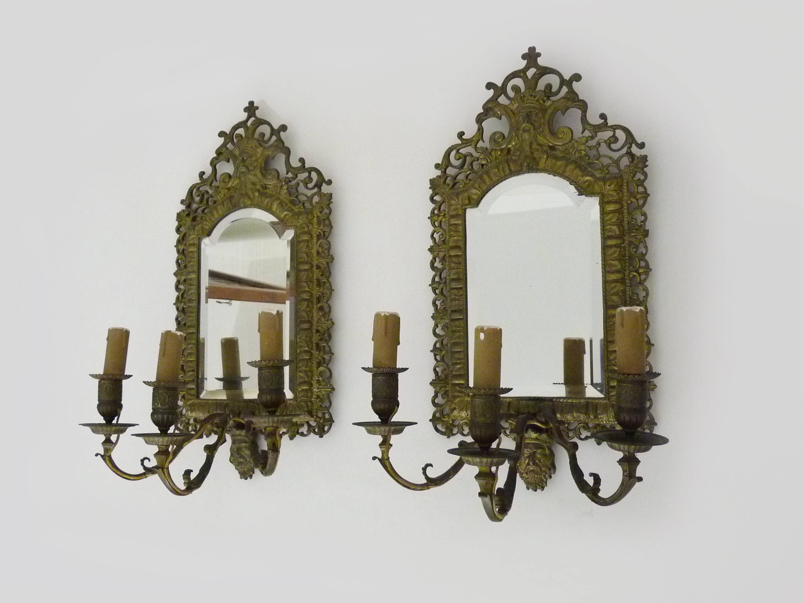 Pair of 3-light beveled mirror wall lights in Napoleon style, gilded bronze