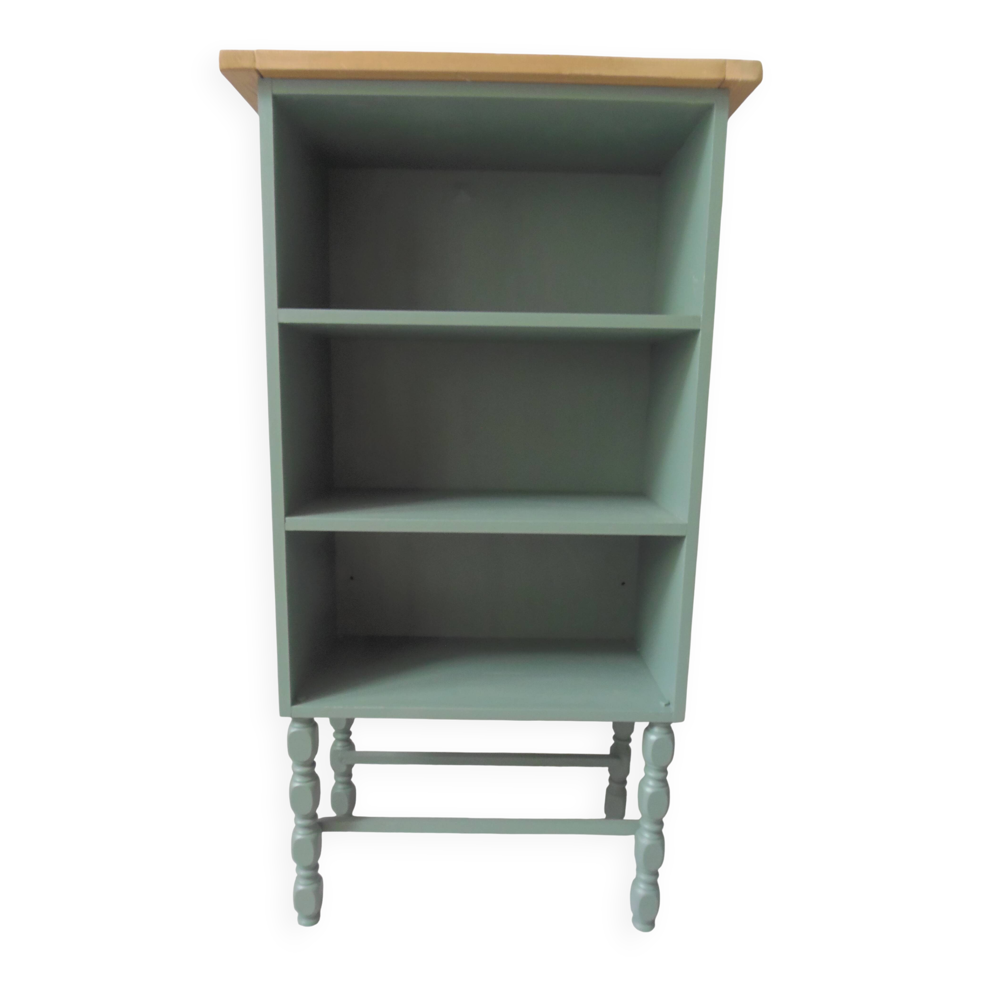 Small vintage bookcase enhanced in smoky green, wooden top