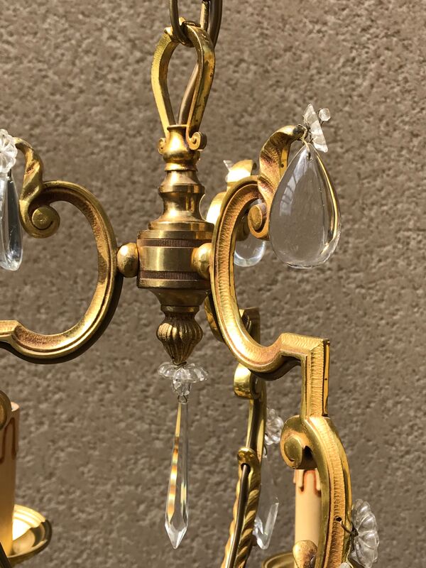 Lustre cage en bronze avec pampilles ,6 lampes