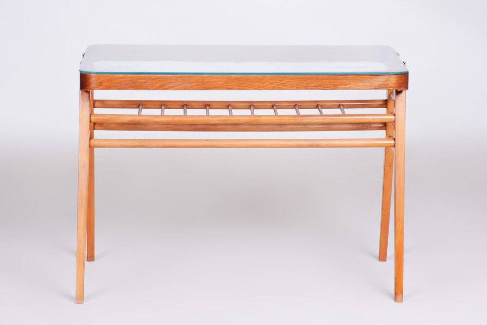 Mid-Century Console Table in Oak, Glass, Czech, 1950s