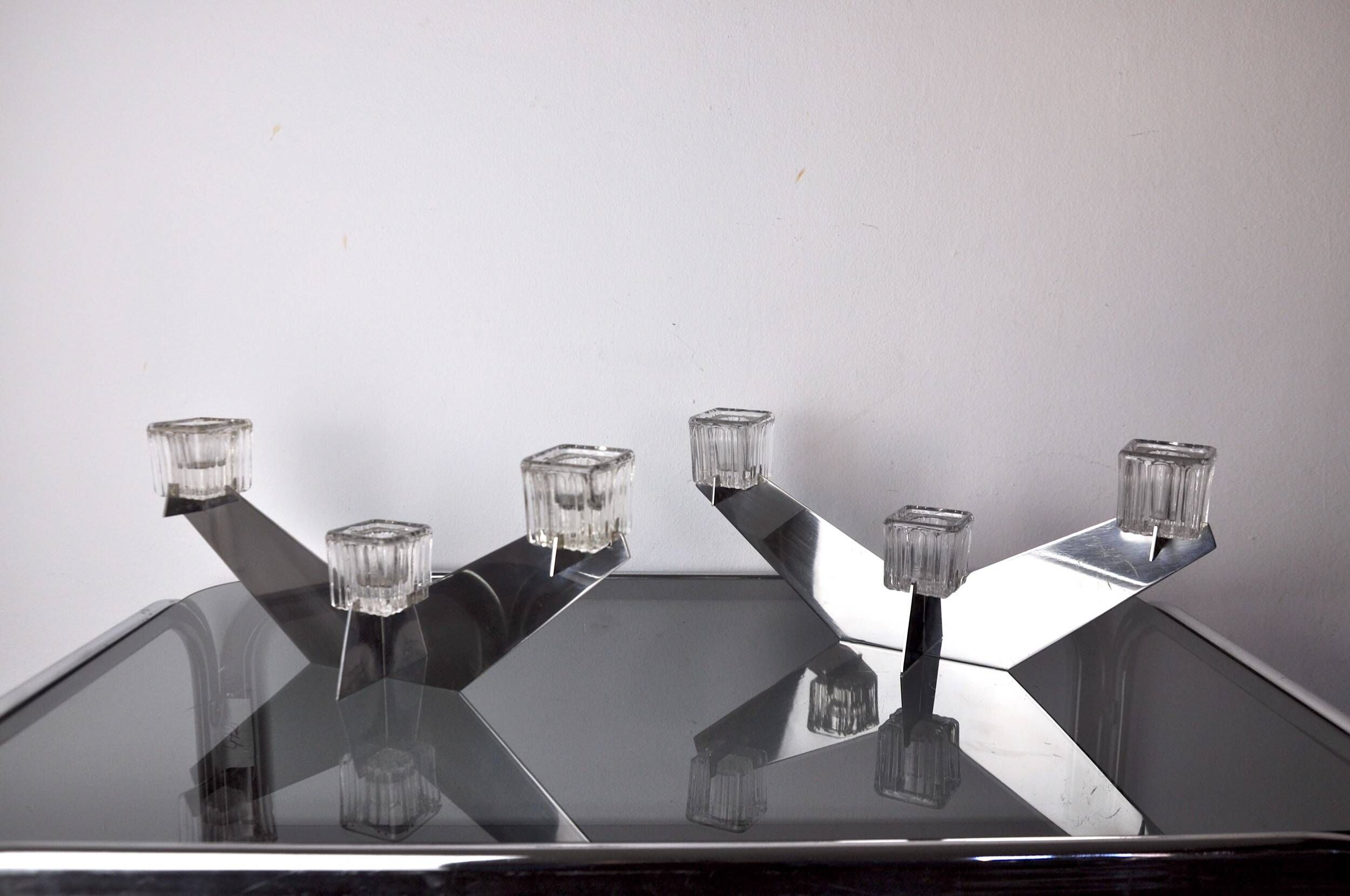 Pair of Peill & Putzler candlesticks, glass and metal, Germany, 1970