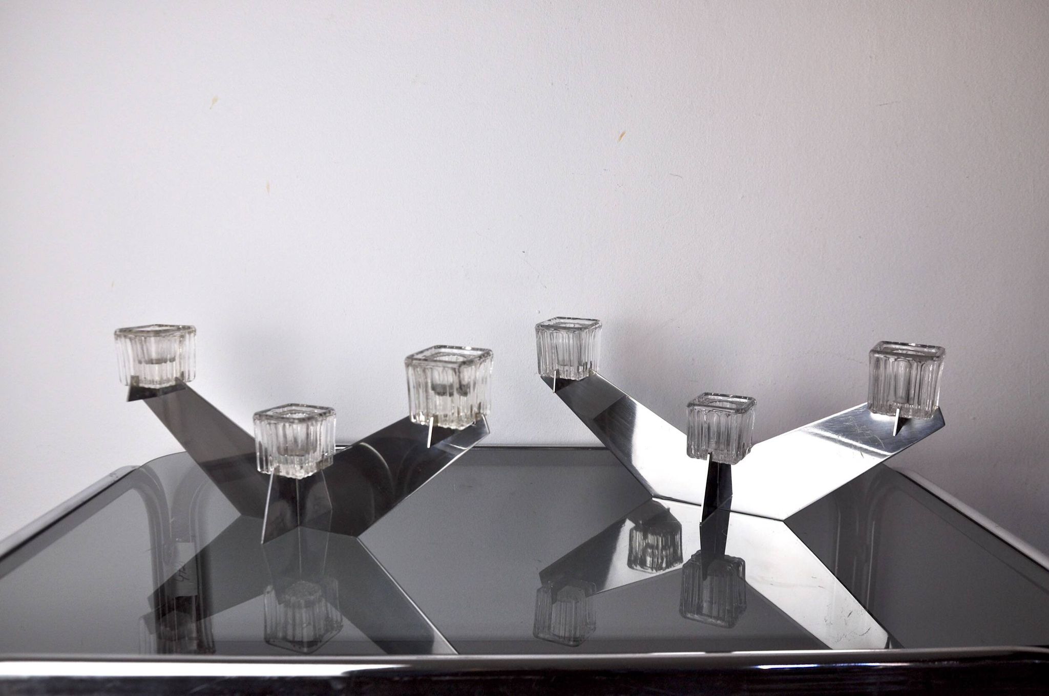 Pair of Peill & Putzler candlesticks, glass and metal, Germany, 1970