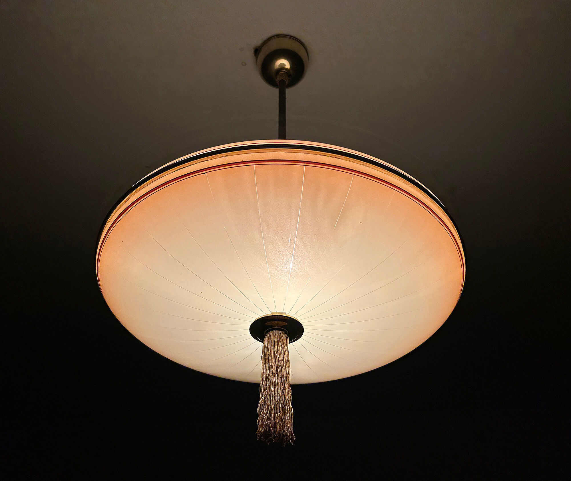 Vintage art deco pendant lamp, gradient glass, red beige, brass, 30 years