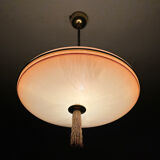 Vintage art deco pendant lamp, gradient glass, red beige, brass, 30 years
