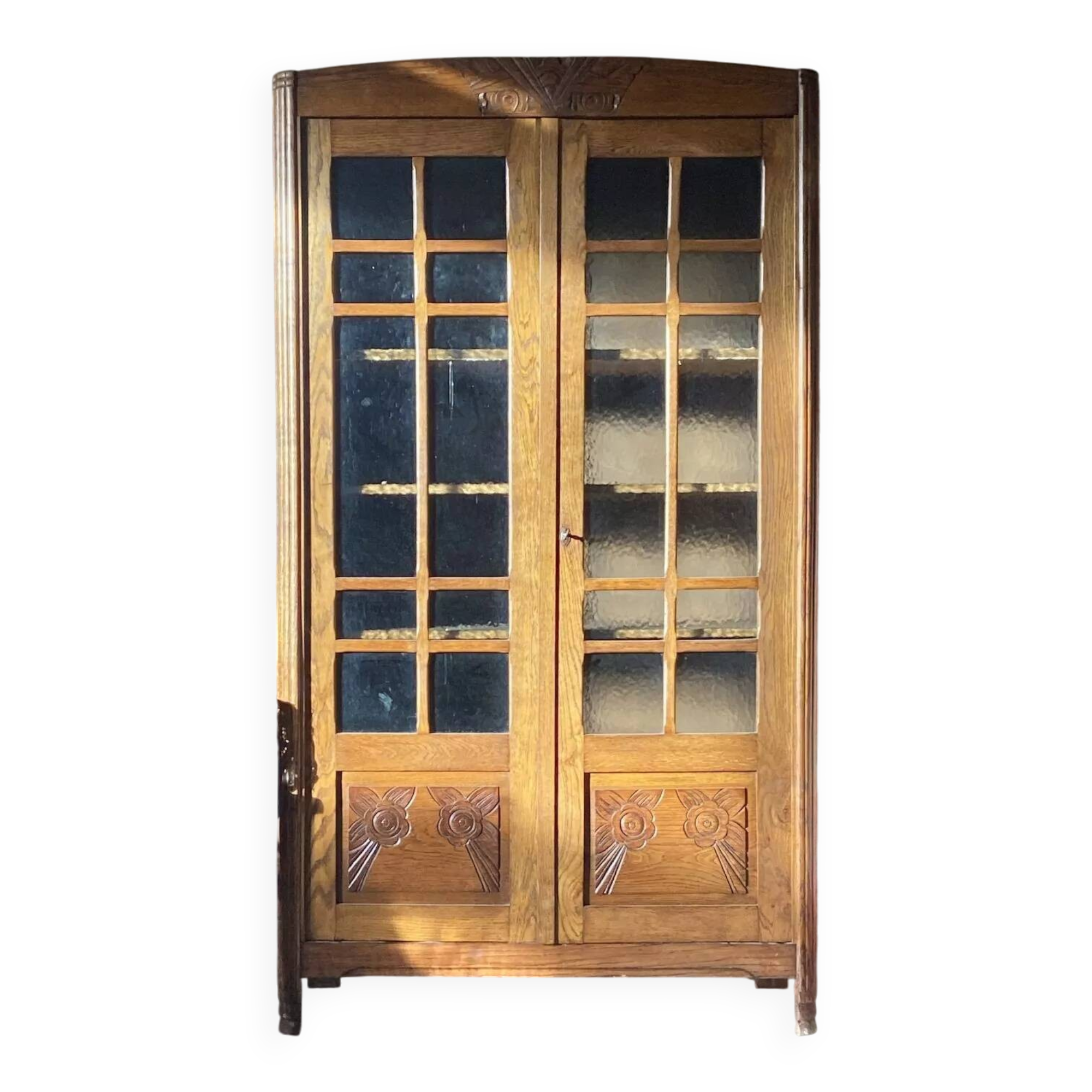 Small Art Deco period oak cabinet with glass front