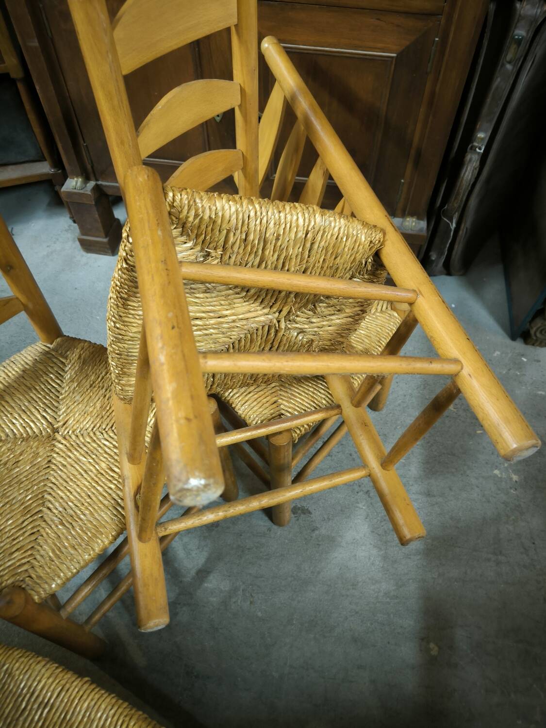 Set of 4 low straw-seated chairs circa 1940