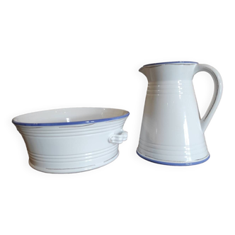 Large pitcher and enameled basin.