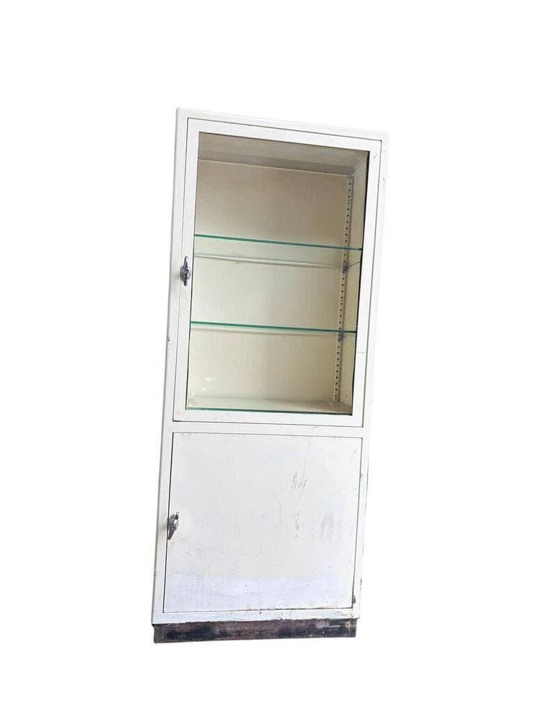 Vintage white industrial apothecary cabinet / display case