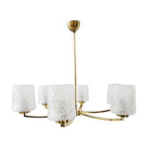 Lustre en laiton et en verre à six bras, grand plafonnier du milieu du siècle