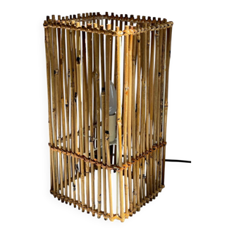 Vintage Wood and Wicker Cube Lamp