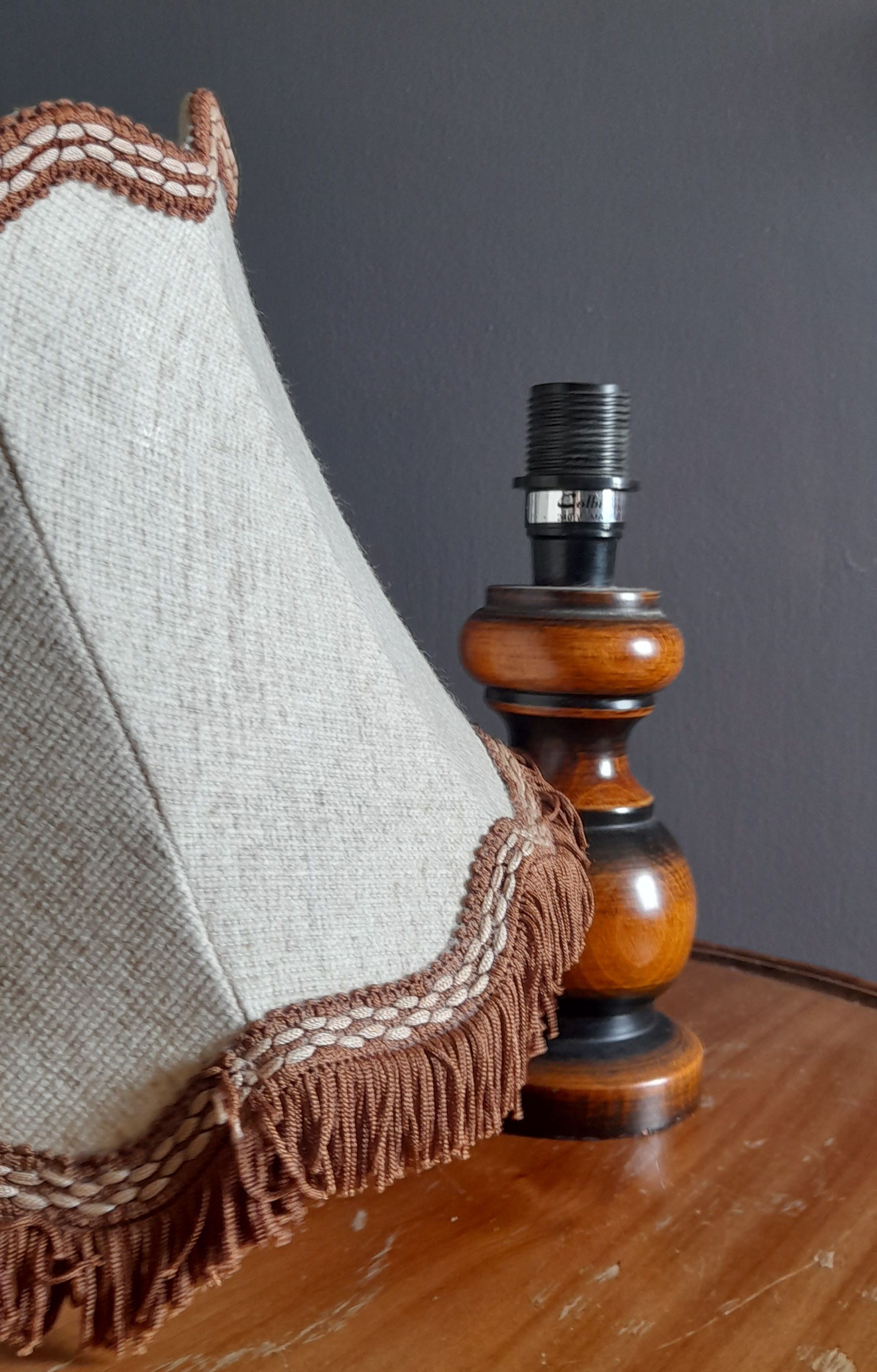 Table lamp foot turned wood and lampshade pagoda ecru/brown, seventies